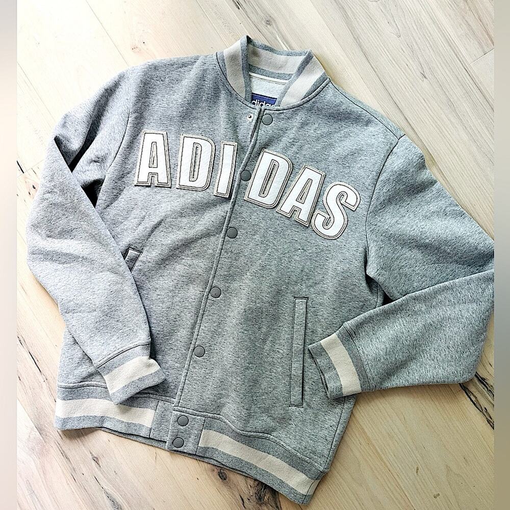 adidas Gray Varsity Bomber Jacket with White Lettering